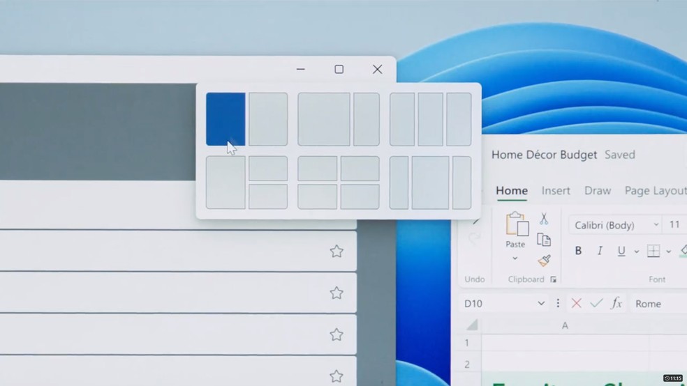 Snap Layouts permite escolher como janelas serão distribuídas na tela. — Foto: Reprodução